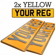2x YELLOW two 3D PRESSED METAL ALUMINIUM NUMBER PLATES Registration VAN MOT DVLA