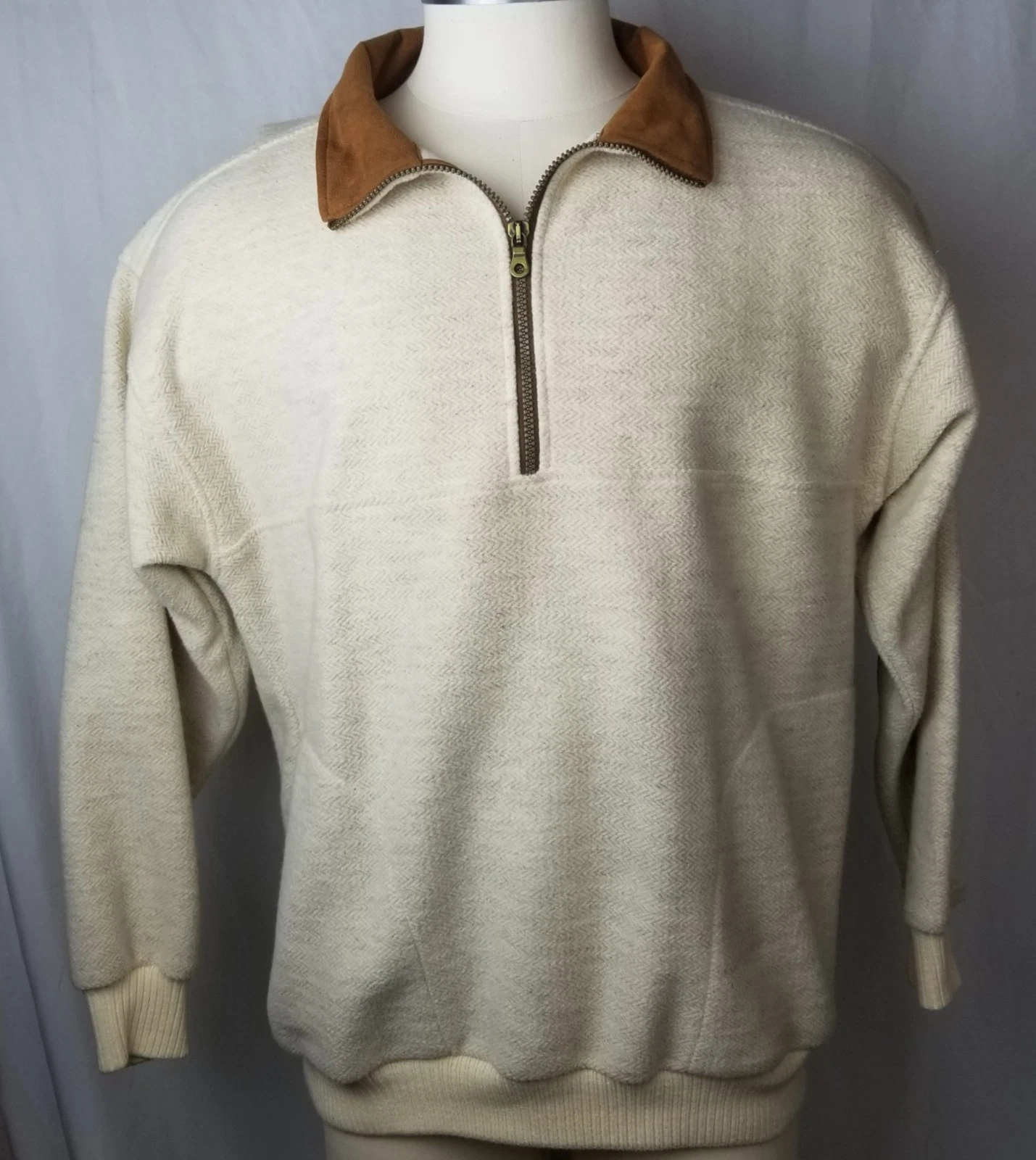 OFF WHITE Sunrise mezza zip pullover giacca uomo bianco sporco marrone colletto toppe gomiti taglia L