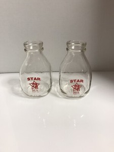 2- Small Clear Glass Milk Bottle Pint 16 oz  Star Dairy Inc, Mulhall Okla.