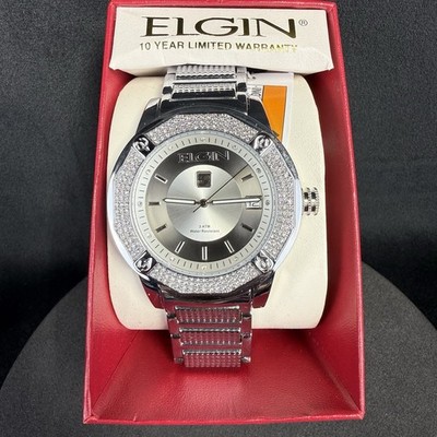 Elgin Men's Luxury Silver Tone Watch with Crystals Model FG160032 NEW!