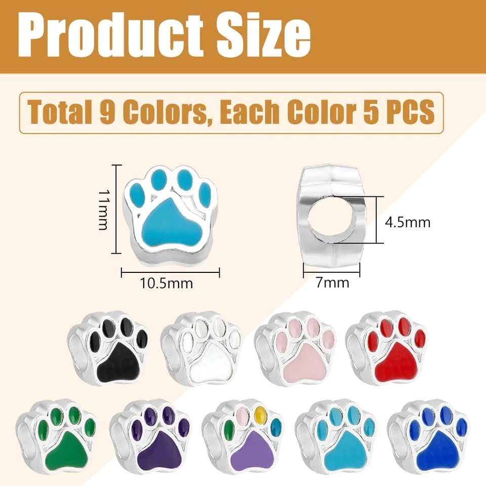 Alrededor de 45 piezas cuentas para patas de perro 9 colores huella animal dijes aleación esmalte europeo Foto 4 de 4