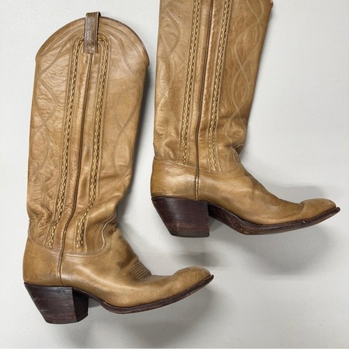 Vintage Dan Post Tan Leather Western Cowboy Boots Tall Womens 7 C Classic Heels