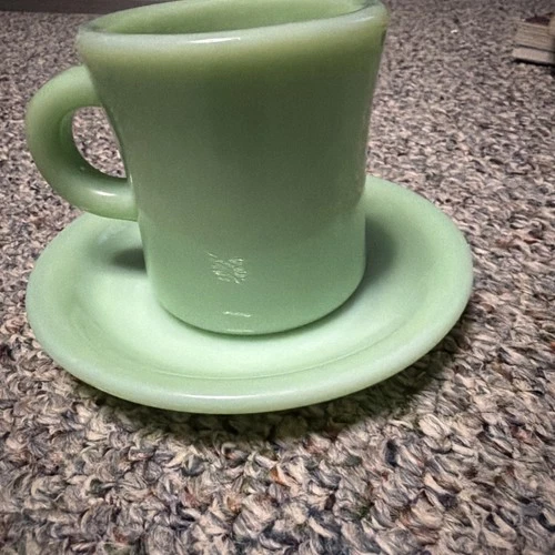 Fire King Jadeite Glass Restaurant Ware Heavy Straight Cup & Saucer