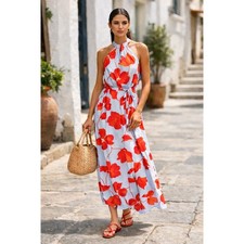 Ann Taylor Blue Red Floral Halter Maxi Dress Size 2 Resort Summer Vacation Chic