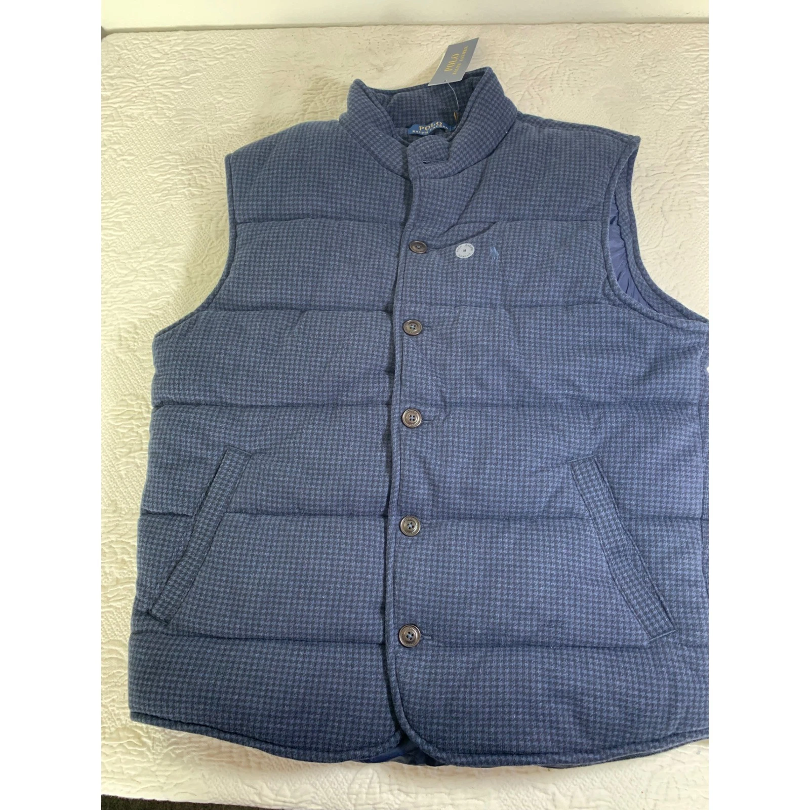 Polo Ralph Lauren Mens Houndstooth Puffer Vest Navy Blue Button Front M NEW