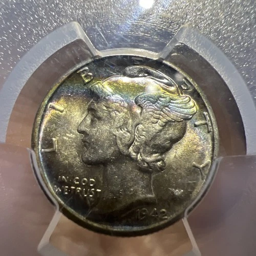 1942 D PCGS AU55 Toned Mercury Dime 10¢