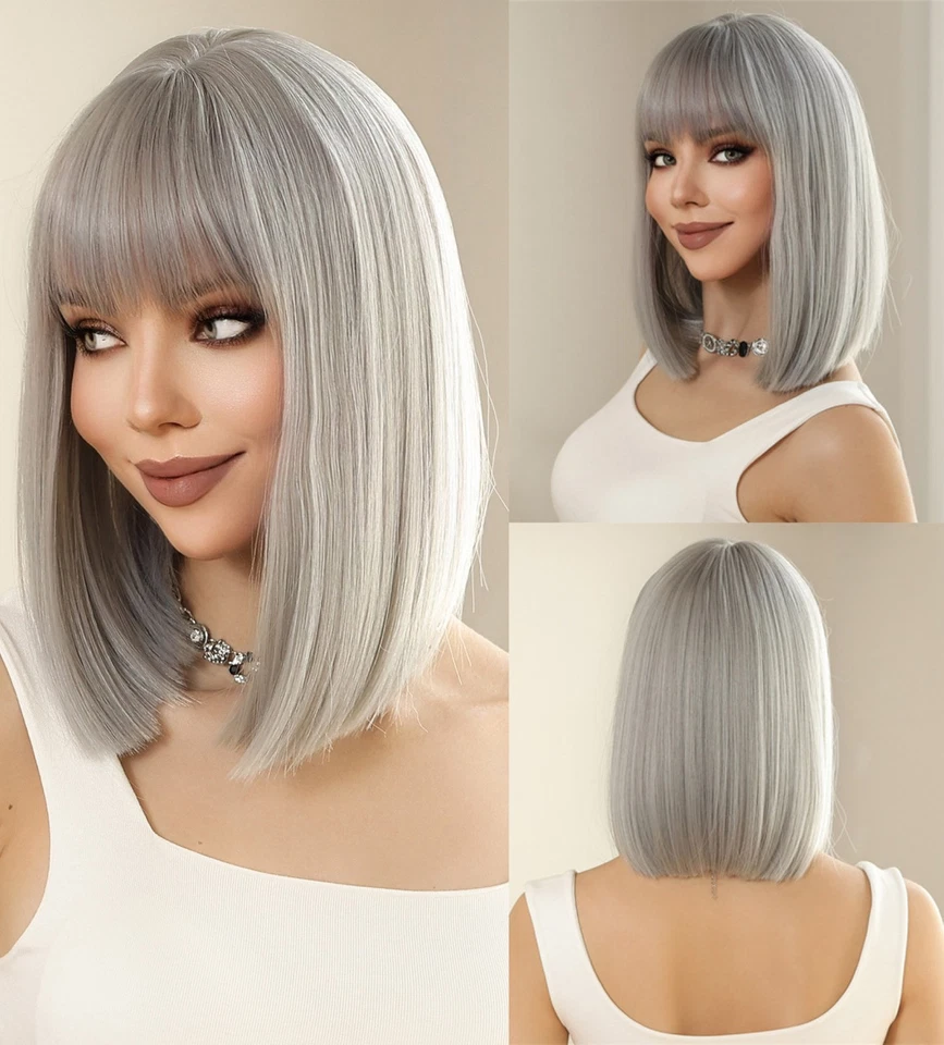 MISSWEN Short Straight Grey Costume Wig With Fringe Synthetic Hair Heat Resistant