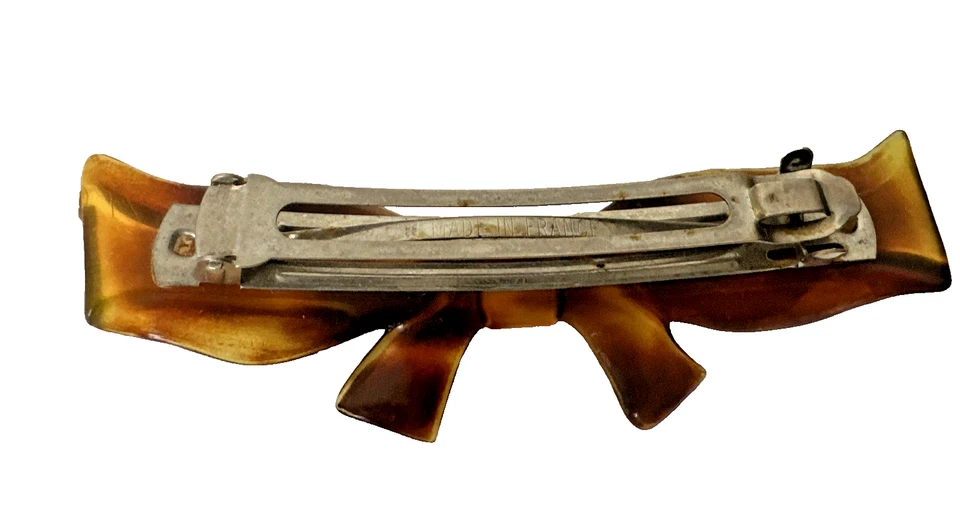 Pinza de pelo vintage de tortuga Lucite arco de pasador hecho en FRANCIA estampado, lazo francés Foto 3 de 4