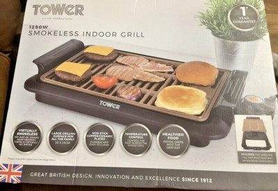 Tower Rauchfreier Indoor / Outdoor BBQ Grill 1250W Neues Modell Barbecue Keramik NEU