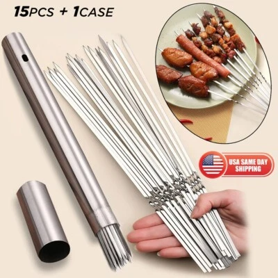 HUHOU 15 Pack BBQ Barbecue Skewers Metal Shish Kebab Skewers 15" Flat Stainless Steel