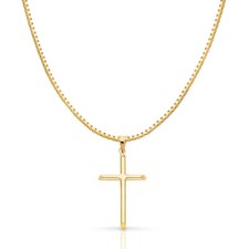 14K Yellow Gold Classic Cross Religious Charm Pendant 1.2mm Box Chain Necklace