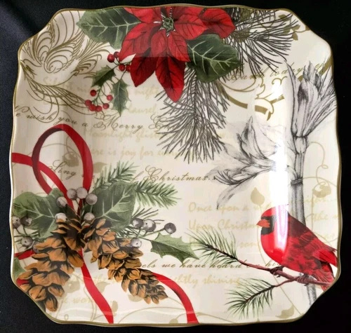 SET OF (2) 222 FIFTH PTS HOLIDAY WISHES SQUARE SALAD PLATES 8 5/8"