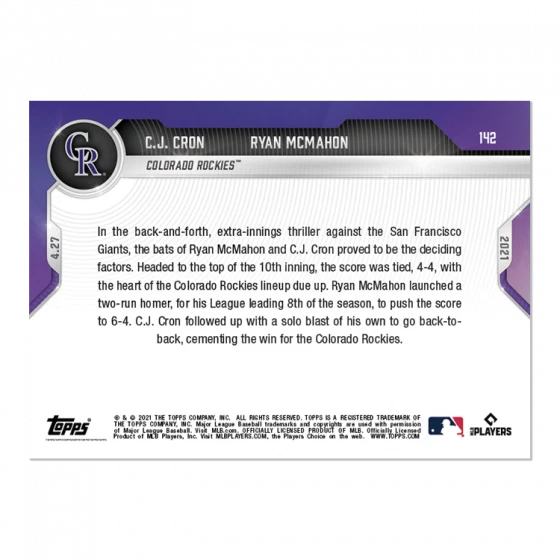 Presale 2021 Topps NOW C.J. Cron/Ryan McMahon #142 ~ Colorado Rockies ~ PR 298   - Image 2 of 2