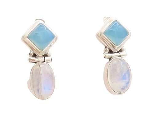 925 Sterling Silver Vintage Earrings Square Blue Jade & Oval Moonstone EG13111