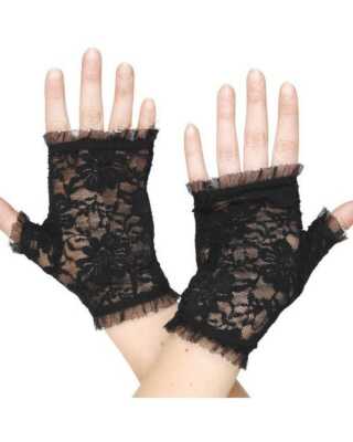A803 Black Lace Fingerless Short Gloves 80's 1980s Burlesque