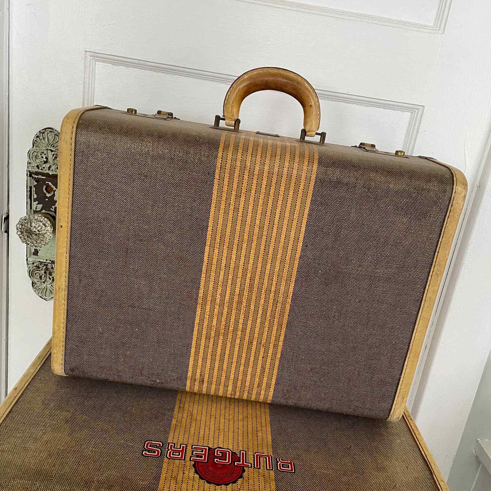 Vintage Stripe Tweed Suitcase Platt Airess Hard Body Monogram Rutgers Decal PAIR