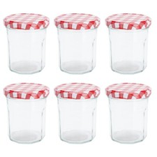 Jam Jars 190ml Wide Mouth Glass Preserve Pots Hexagon Gingham Red Lids Honey 6x