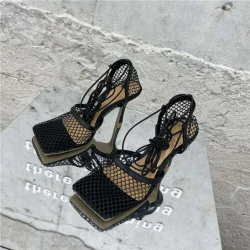 Square Toe Mesh Stiletto Cross-tied Up Lace New Pumps Sandals hollow Dress shoes - Picture 13 of 22