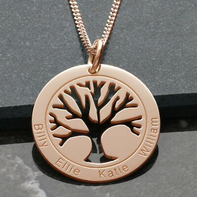 9ct Solid Rose Gold Personalised Family Tree of Life Name Pendant - Main Image