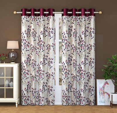 Vento Patch Printed Polyster Curtain - 5 feet Window, Wine [3 Piece] 