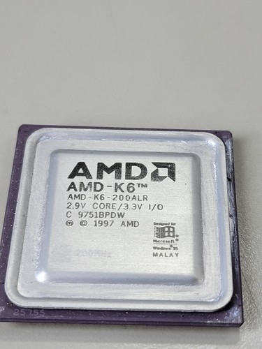 AMD 200mhz AMD-K6 200ALR CPU Super Socket 7 (2.9v) Vintage, Rare, 1997, GOLD