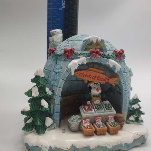 Pinguino Natale Igloo Pesciera Villaggio Porcellana Illuminata Dipinta a Mano - Foto 19 di 21