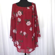 Tobi Floral Mini Dress Womens MED Burgundy Lined Bell Sleeve Wedding Dressy NEW