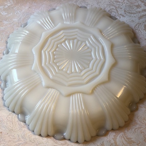 Vintage Anchor Hocking Milk Glass Deviled Egg Plate with Gold Trim Ornate Bottom - Picture 2 of 8