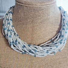 African- Zulu- 20 Strand Bead Choker Necklace- 18"-South Africa- White/Blue- NWT