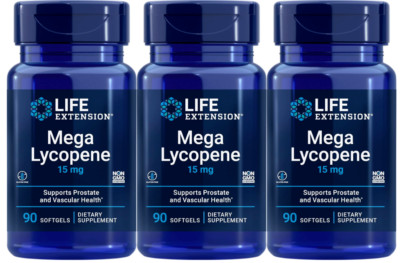 Life Extension Mega Lycopene 15mg 3X90gels From Natural Tomato NonGMO/No Gluten