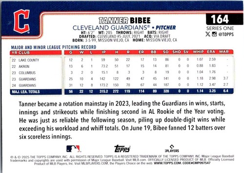 2025 Topps Series 1 - Tanner Bibee Cleveland Guardians #164 - Picture 2 of 2