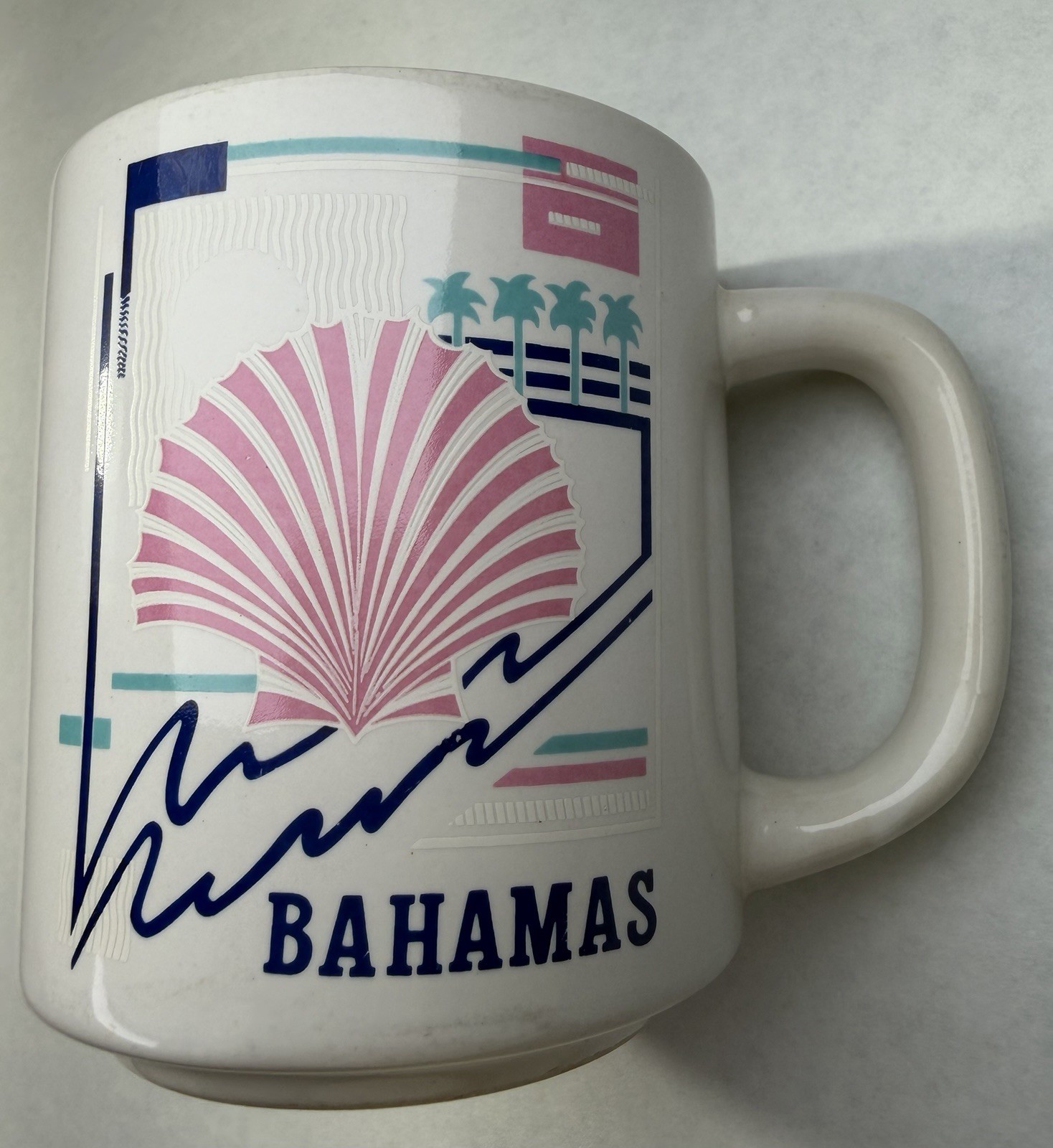 Vintage Bahamas Souvenir Coffee Mug Pink Shell Palm Trees Tropical Cup