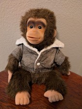 Vintage Hosung Monkey Chimp Plush Hand Puppet 1994 Brown Squeaker Flocked Face