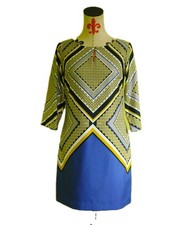 Banana Republic Geometric Print Shift Dress 3/4 Slv Keyhole Blue Yellow Sz 2 EUC