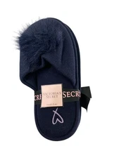 Victorias Secret Slippers Shoes Womens Size 5-6 Small Navy Knit Faux Fur Pom