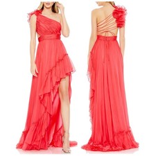 Mac Duggal NWT Ruffled One Shoulder Asymmetrical Gown Cherry Pink Size 8 Chiffon
