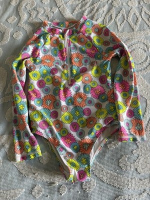 Girls Swimsuit Betsey Johnson Size 6 Neon Flower Power Long Sleeve Half Zip