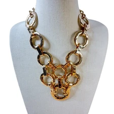 Bib Linked Necklace Collar Gold Tone Chunky Statement Y Drop Adjust 17" - 20"