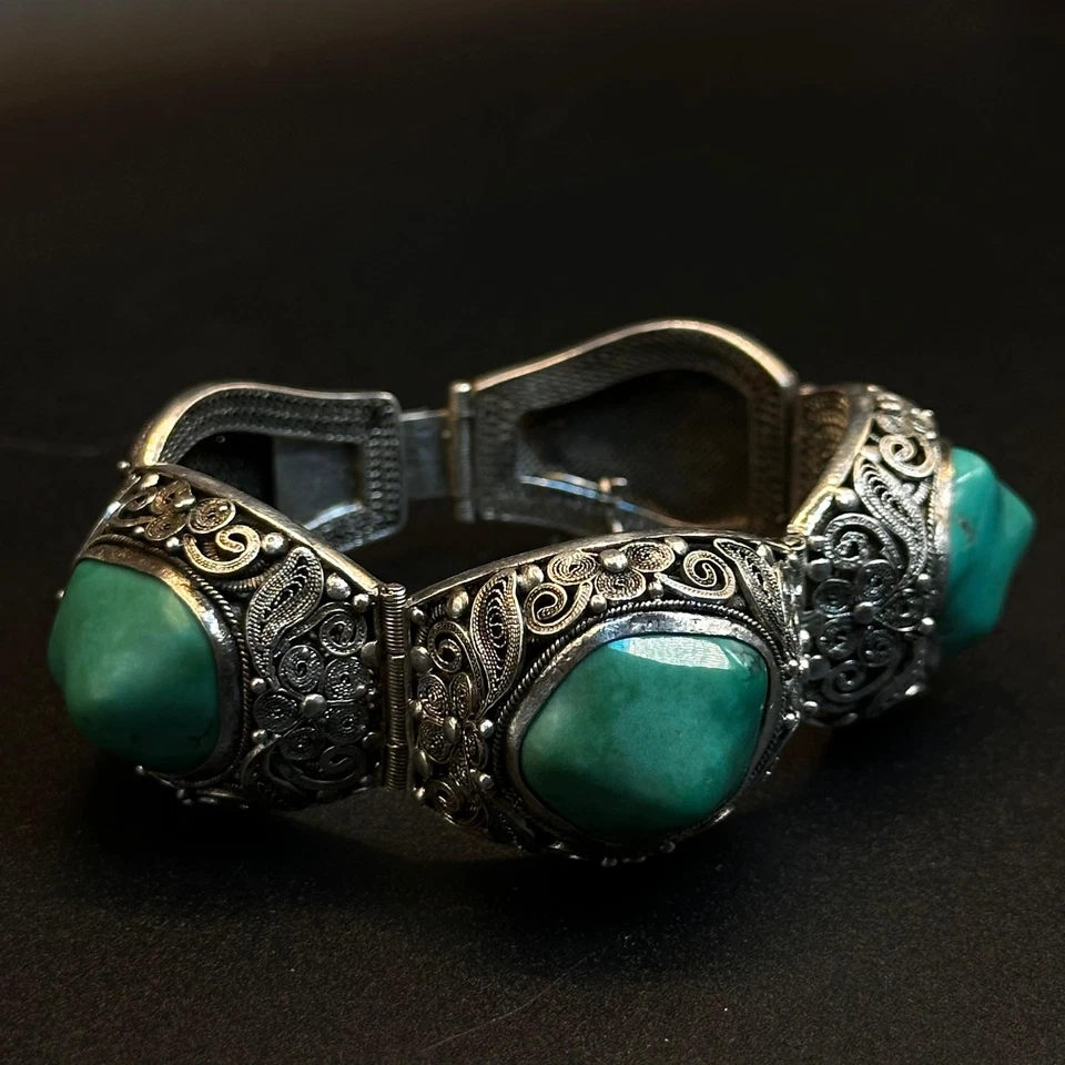 Antique Chinese Export Sterling Silver Filigree and Torquoise Bracelet - Image 3 of 4