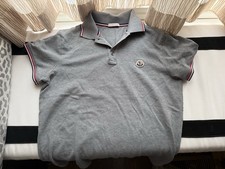 Moncler Grey Polo Shirt Mens S Logo Patch Tricolor Trim Cotton Pique