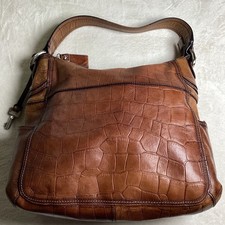 Fossil Cognac Brown Crocodile Embossed Leather Hobo Shoulder Bag with Key Charm