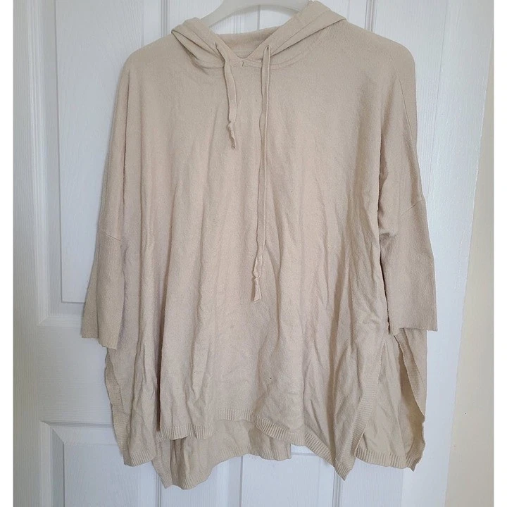 Mer Sea Women's Poncho Hooded Beige One Size Short Sleeve Viscose Blend