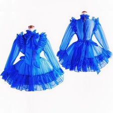 Maid Girl Sissy Lockable Blue satin Organza Dress cosplay costumes