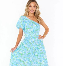 Show Me Your Mumu One Shoulder Blue Floral Midi Dress XS Ruffle Cottage Garden