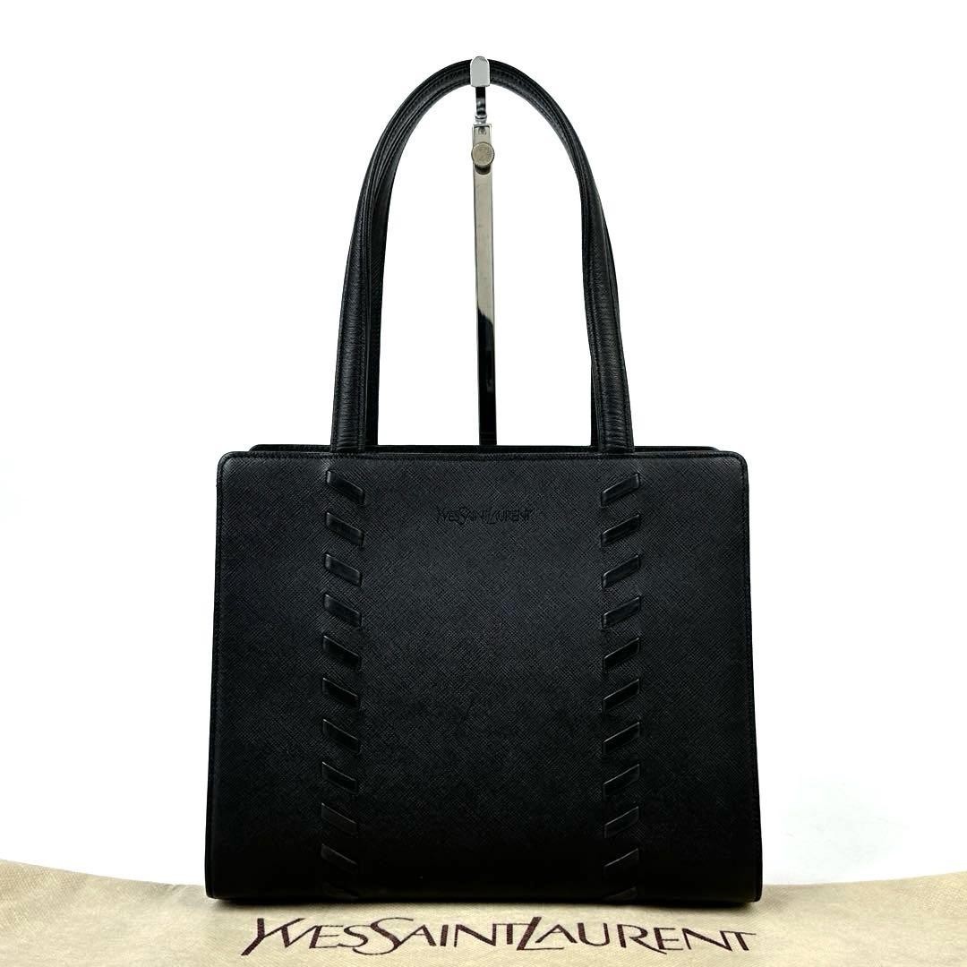 Yves Saint Laurent Black Saffiano Leather Tote Bag with Embossed Logo