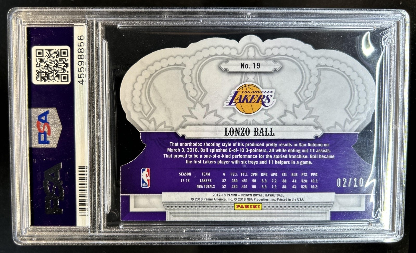 2017-18 Panini Crown Royale Lonzo Ball Crystal Gold Rookie RC #/10 Lakers PSA 9 view 2