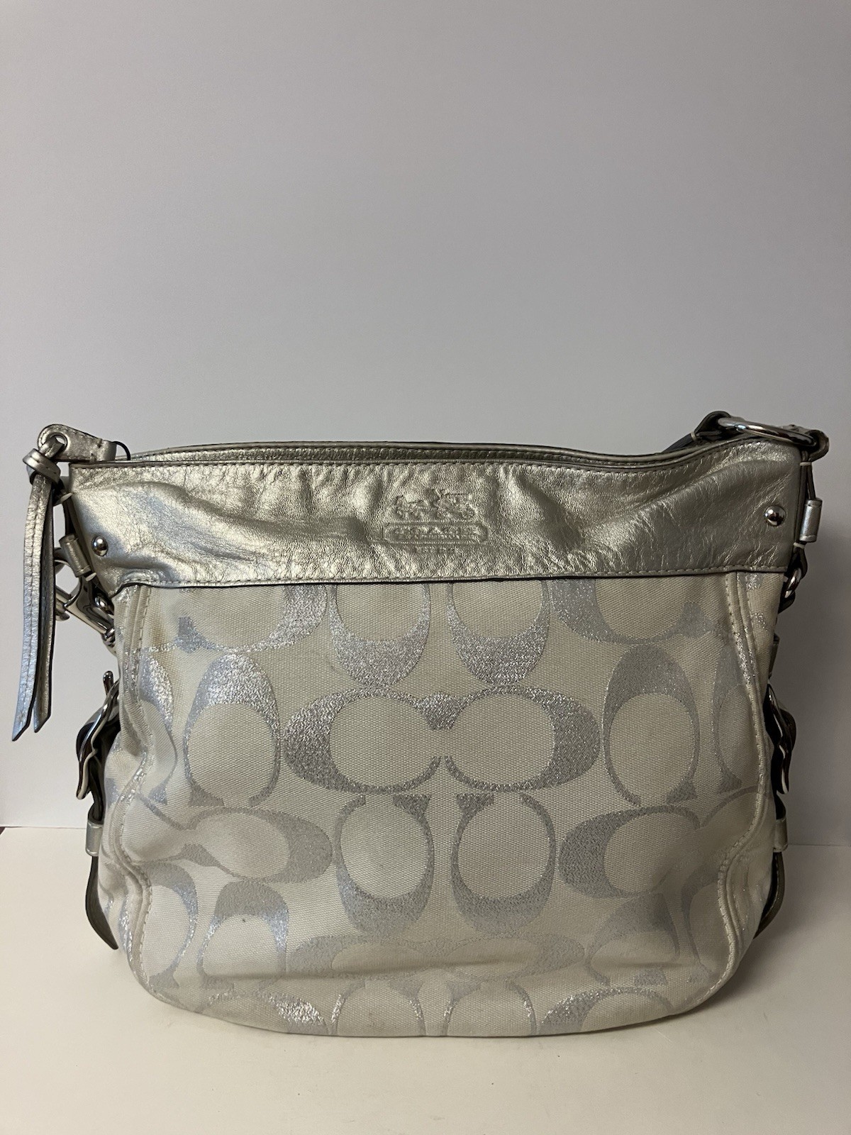 Y2K Coach Zoe Hobo Bag Cream & Silver Metallic Slouch Blue Interior 13672