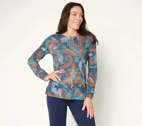 LARGE INK A706722 Susan Graver Printed Ribbed Knit with Lurex Bateau Neck Top