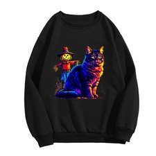 Spooky Cat Scarecrow Halloween 300GSM Double Sided Crewneck Sweatshirt S-3XL