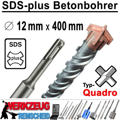 SDS-plus Quadro Hammerbohrer Bohrhammer Beton Stein Bohrer Ø 12 mm x 400 mm Lang